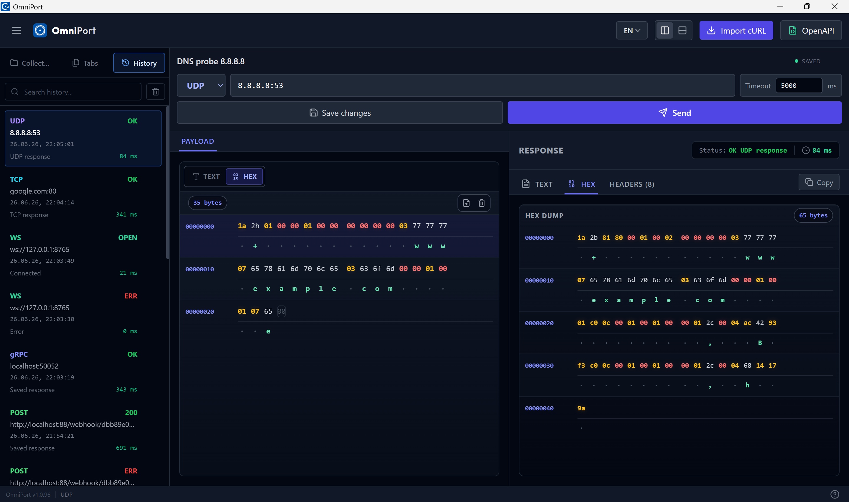 OmniPort Lossless Hex Viewer displaying a TCP response